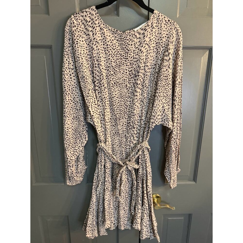 Karlie Cream and Brown Leopard Print Long  Sleeve Mini Dress Size S